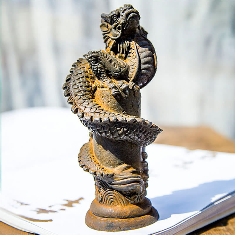 Buddha Stones Handmade Flying Dragon Around The Pillar Iron Powder Rust Cast Resin Statue Home Decoration - image 8