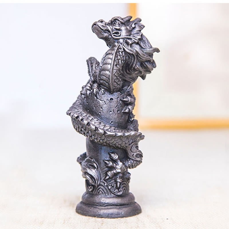 Buddha Stones Handmade Flying Dragon Around The Pillar Iron Powder Rust Cast Resin Statue Home Decoration