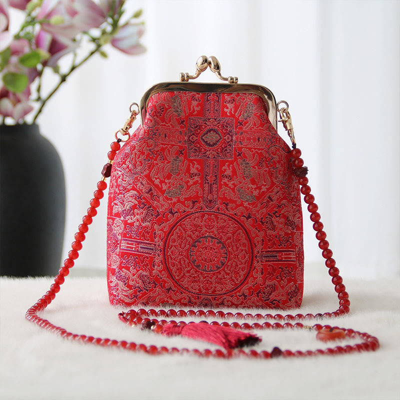 Buddha Stones Retro Chinese Embroidery Pearl Chain Crossbody Bag Shoudler Bag