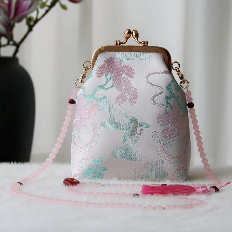 Buddha Stones Retro Chinese Embroidery Pearl Chain Crossbody Bag Shoudler Bag