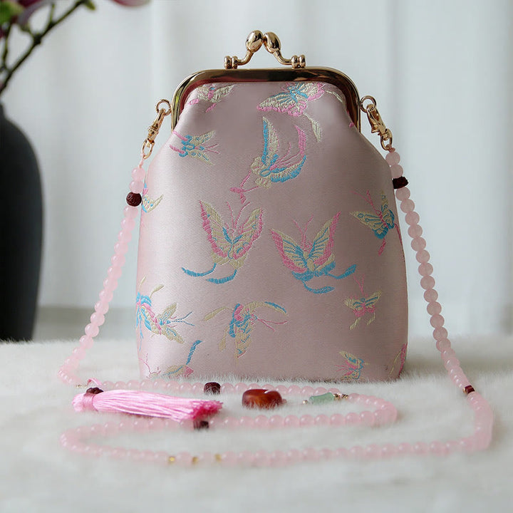 Buddha Stones Retro Chinese Embroidery Pearl Chain Crossbody Bag Shoudler Bag