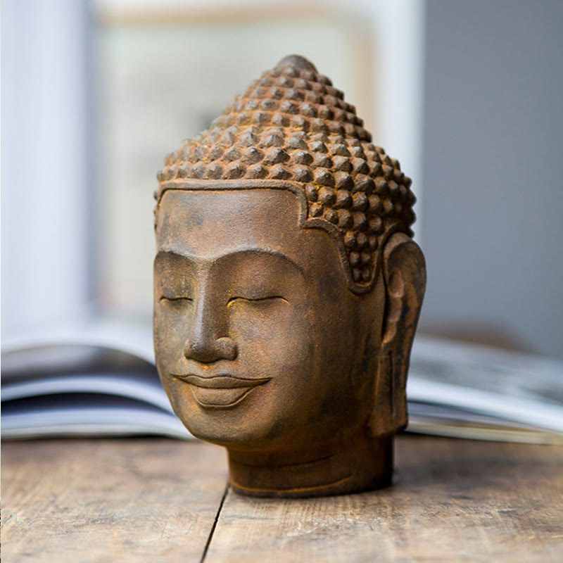 Buddha Stones Closed Eyes Contemplation Meditating Buddha Head Iron Powder Rust Cast Resin Statue Home Decoration