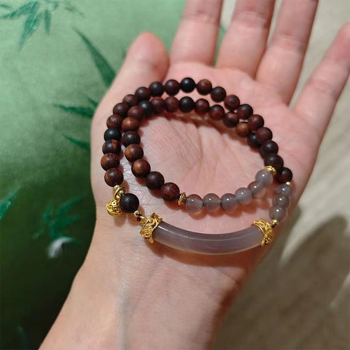 Buddha Stones Sandalwood Gray Agate Chalcedony Cuff Half Bracelet Bangle