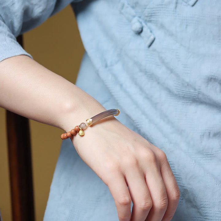 Buddha Stones Sandalwood Gray Agate Chalcedony Cuff Half Bracelet Bangle