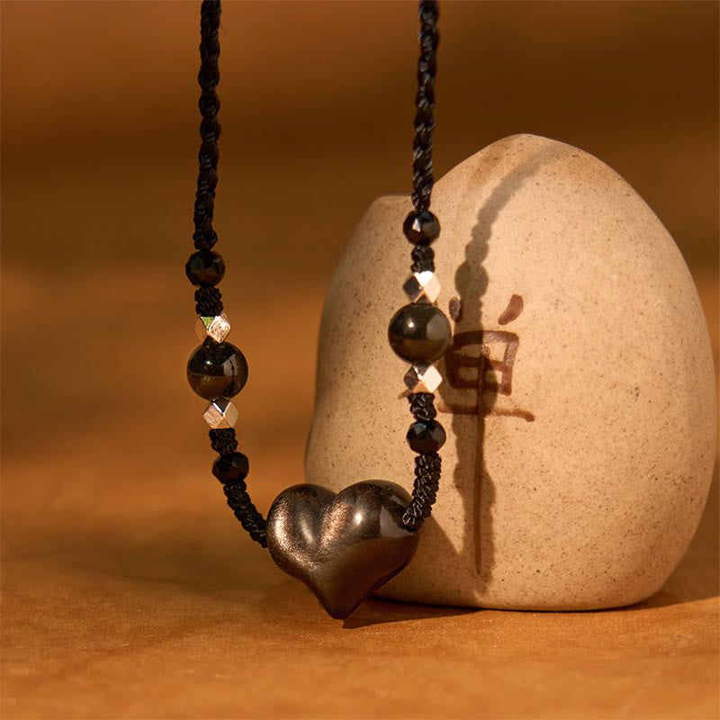 Buddha Stones Natural Silver Sheen Obsidian Heart Protection Necklace Pendant