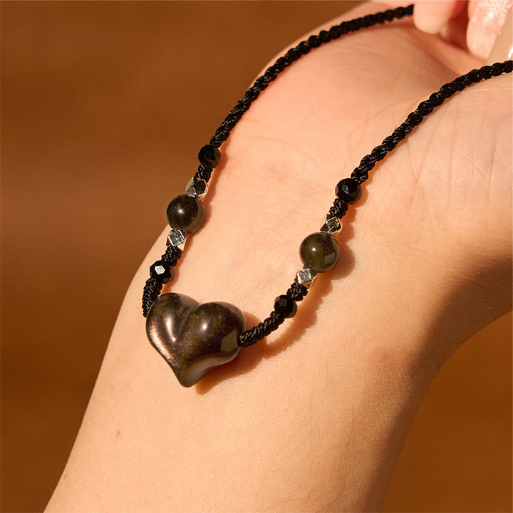 Buddha Stones Natural Silver Sheen Obsidian Heart Protection Necklace Pendant