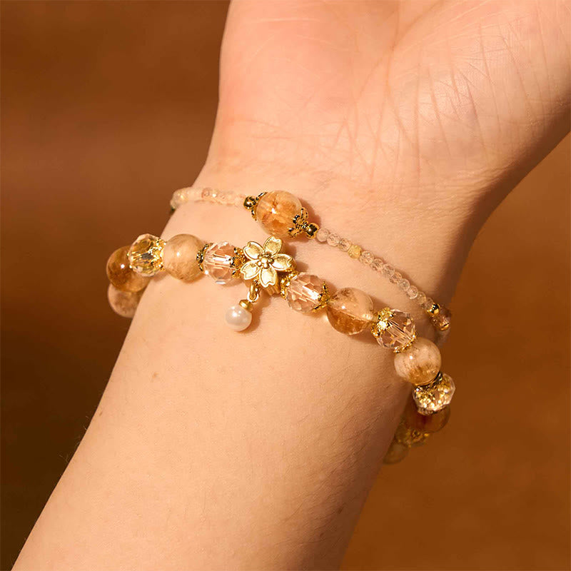 Buddha Stones Natural Citrine Glass Beads Flower Multiple Layers Prosperity Bracelet