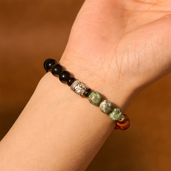 Buddha Stones Natural Black Onyx White Stone Green Aventurine Tiger Eye Agate Mixed Color Buddha Head Protection Bracelet