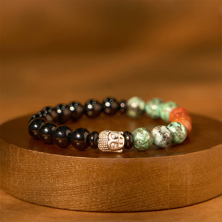 Buddha Stones Natural Black Onyx White Stone Green Aventurine Tiger Eye Agate Mixed Color Buddha Head Protection Bracelet