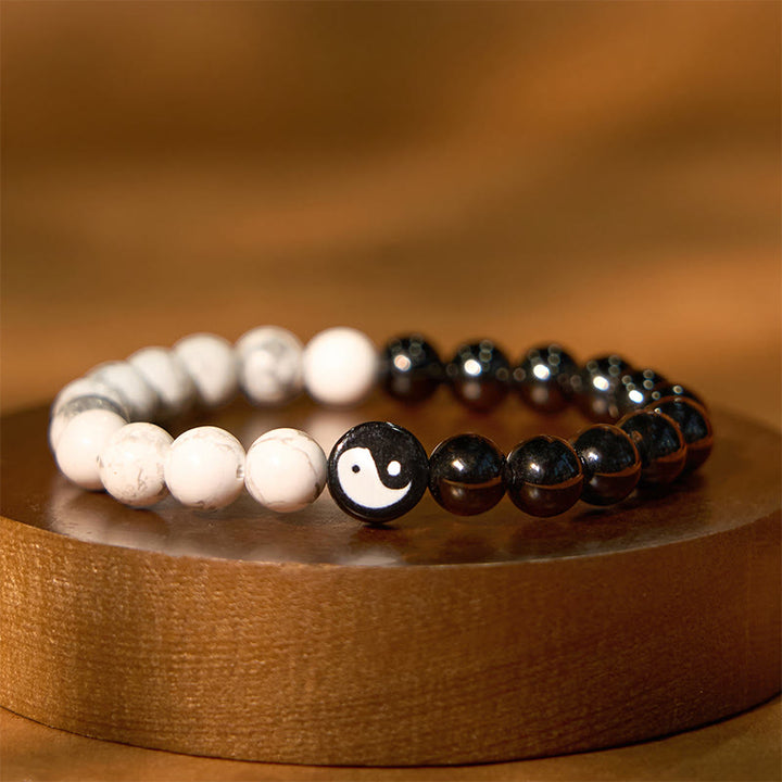 Buddha Stones Natural Obsidian White Turquoise Yinyang Tai Chi Strength Bracelet