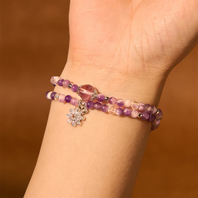 Buddha Stones Amethyst Crystal Sunflower Spiritual Awareness Double Wrap Bracelet