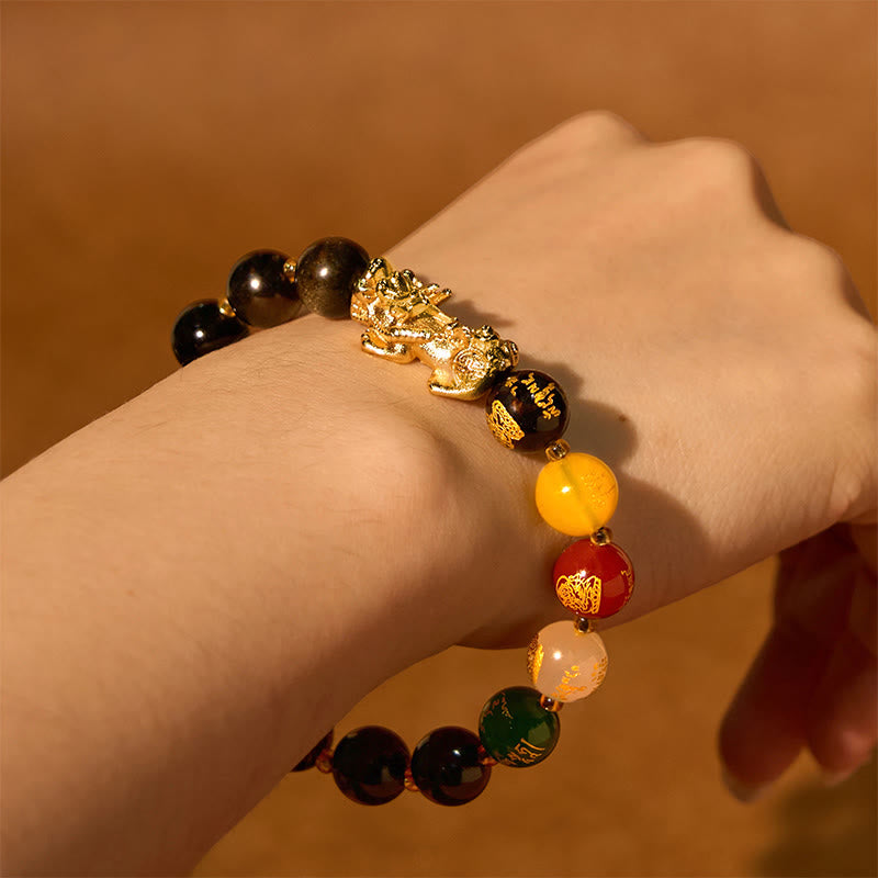 Buddha Stones Natural Gold Sheen Obsidian PiXiu Five Directions Gods of Wealth Protection Bracelet