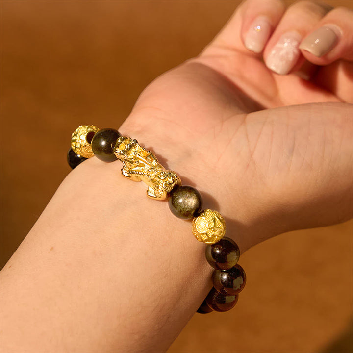 Buddha Stones Natural Gold Sheen Obsidian PiXiu Om Mani Padme Hum Wealth Bracelet