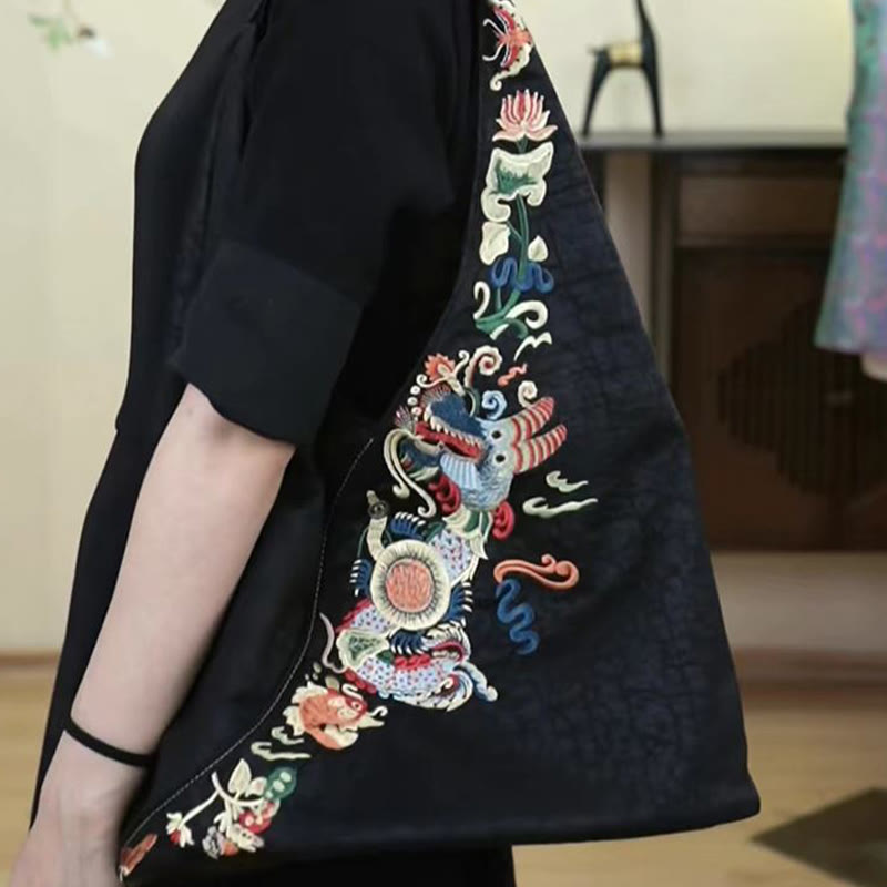 Buddha Stones  Fish Flower Phoenix Embroidery Xiangyunsha Silk Shoulder Bag