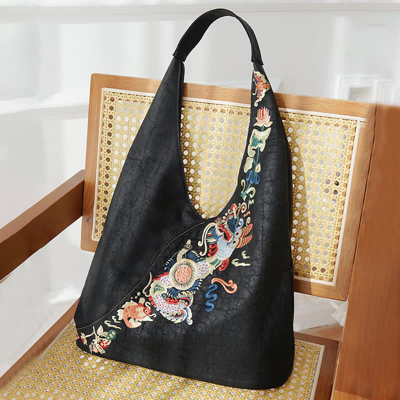 Buddha Stones  Fish Flower Phoenix Embroidery Xiangyunsha Silk Shoulder Bag