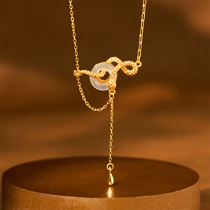 Buddha Stones Chalcedony Peace Buckle 925 Sterling Silver Gold Year Of The Snake Harmony Necklace Pendant - Chalcedony 925 Sterling Silver Golden Snake(Length: 40+5cm) - image 0