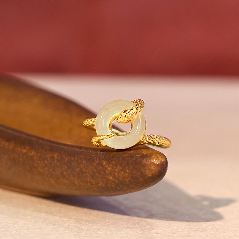 Buddha Stones Chalcedony Peace Buckle 925 Sterling Silver Golden Year Of The Snake Harmony  Ring - image 1