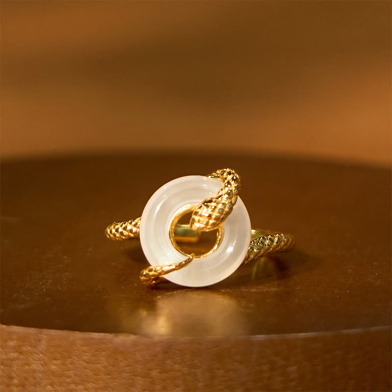 Buddha Stones Chalcedony Peace Buckle 925 Sterling Silver Golden Year Of The Snake Harmony  Ring - Chalcedony 925 Sterling Silver Golden Snake(Adjustable) - image 0