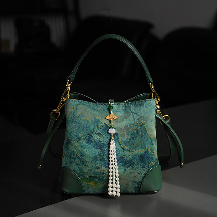 Buddha Stones Handmade River Mountain Bead Pearl Tassel Xiangyunsha Silk Crossbody Bag Hangbags