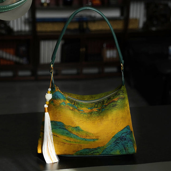 Buddha Stones Lotus Bamboo Crane Deer Butterfly Mountain Xiangyunsha Silk Song Brocade Crossbody Bag Shoulder Bag