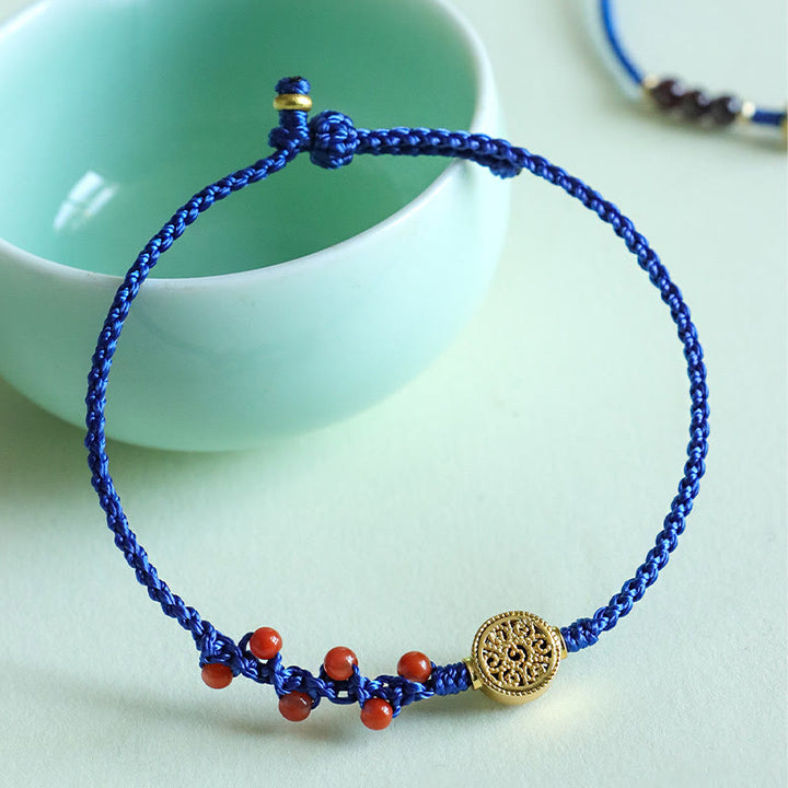 Buddha Stones Klein Blue String South Red Agate Garnet Copper Flower Power Bracelet