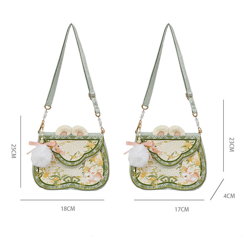 Buddha Stones Osmanthus Rabbit Embroidery Pearl Chain Furball Tassel Shoulder Bag Crossbody Bag