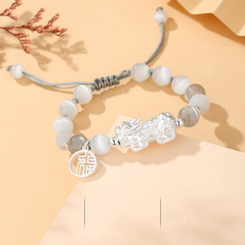 Buddha Stones Pi Xiu Six True Words 999 Sterling Silver Black Obsidian White Turquoise Chrysoberyl Luck Bracelet - 999 Sterling Silver Chrysoberyl Moonstone(Wrist Circumference: 16-21cm) - image 12