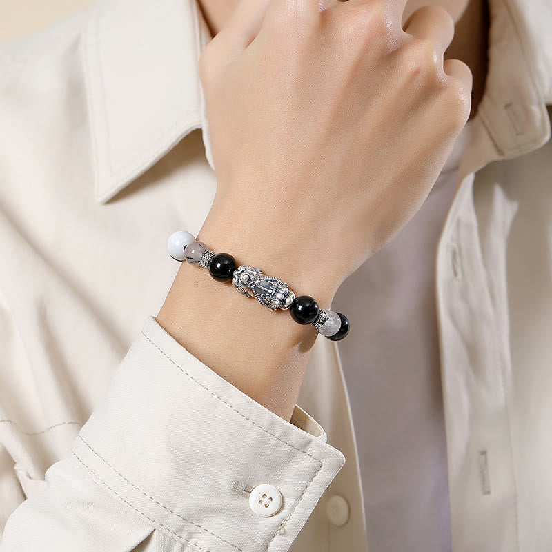 Buddha Stones Pi Xiu Six True Words 999 Sterling Silver Black Obsidian White Turquoise Chrysoberyl Luck Bracelet - image 4