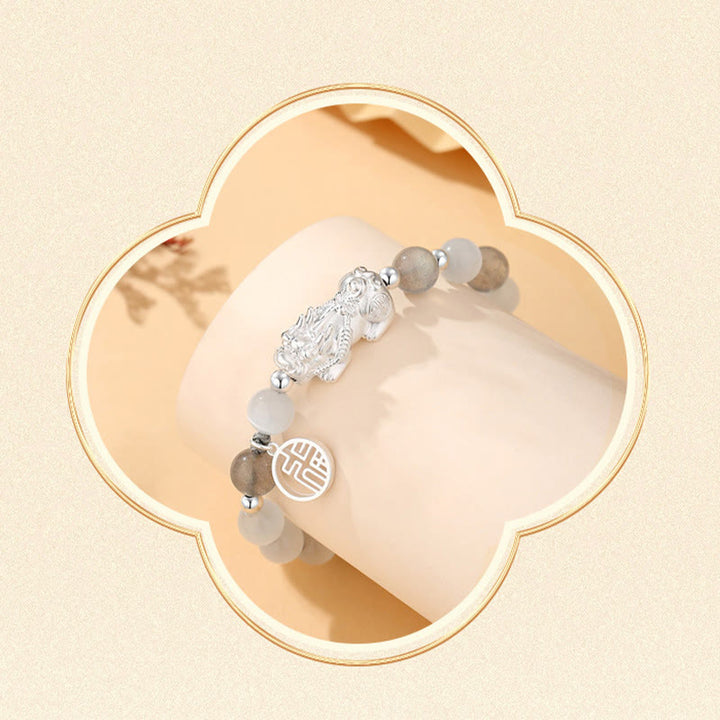 Buddha Stones Pi Xiu Six True Words 999 Sterling Silver Black Obsidian White Turquoise Chrysoberyl Luck Bracelet - image 14