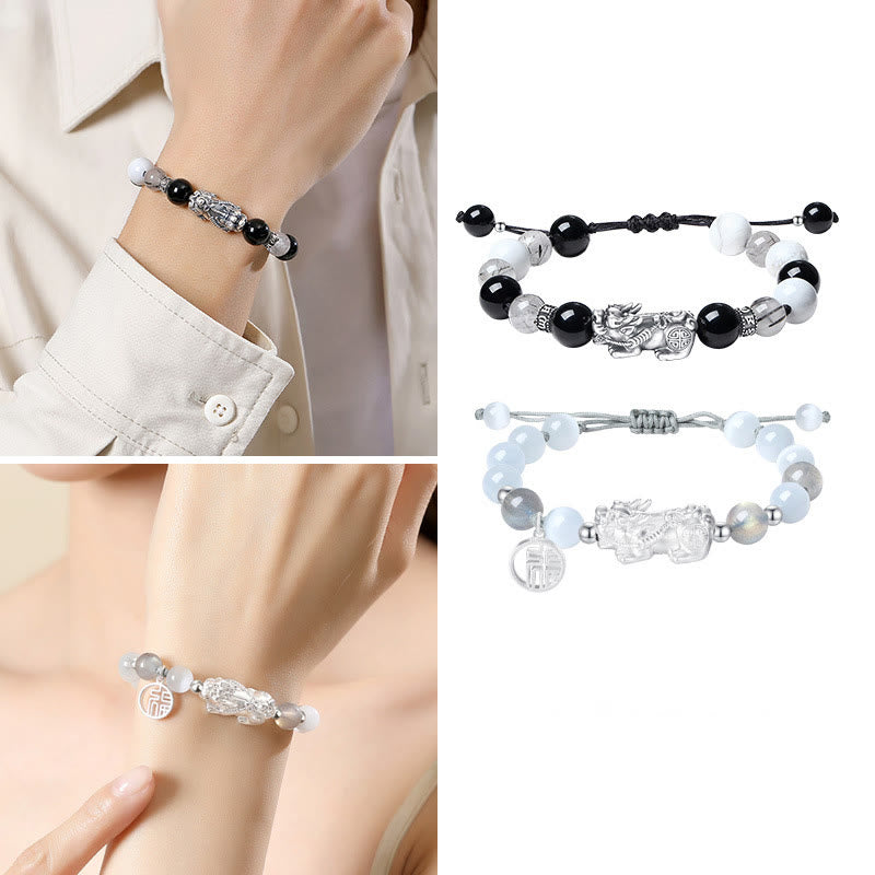 Buddha Stones Pi Xiu Six True Words 999 Sterling Silver Black Obsidian White Turquoise Chrysoberyl Luck Bracelet - image 18