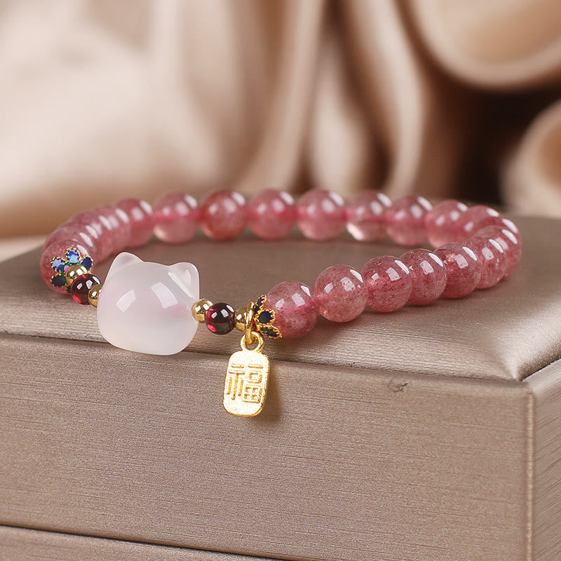 Buddha Stones Strawberry Quartz White Jade Cat Fu Character Healing Bracelet