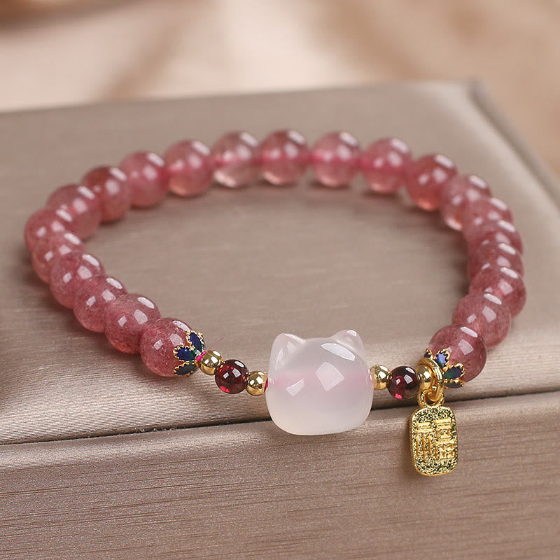Buddha Stones Strawberry Quartz White Jade Cat Fu Character Healing Bracelet - image 4
