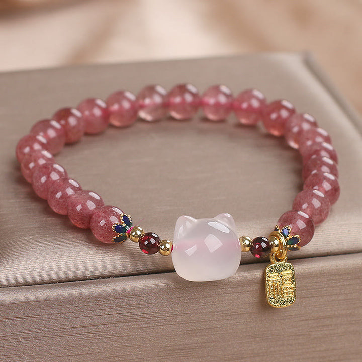 Buddha Stones Strawberry Quartz White Jade Cat Fu Character Healing Bracelet - image 4