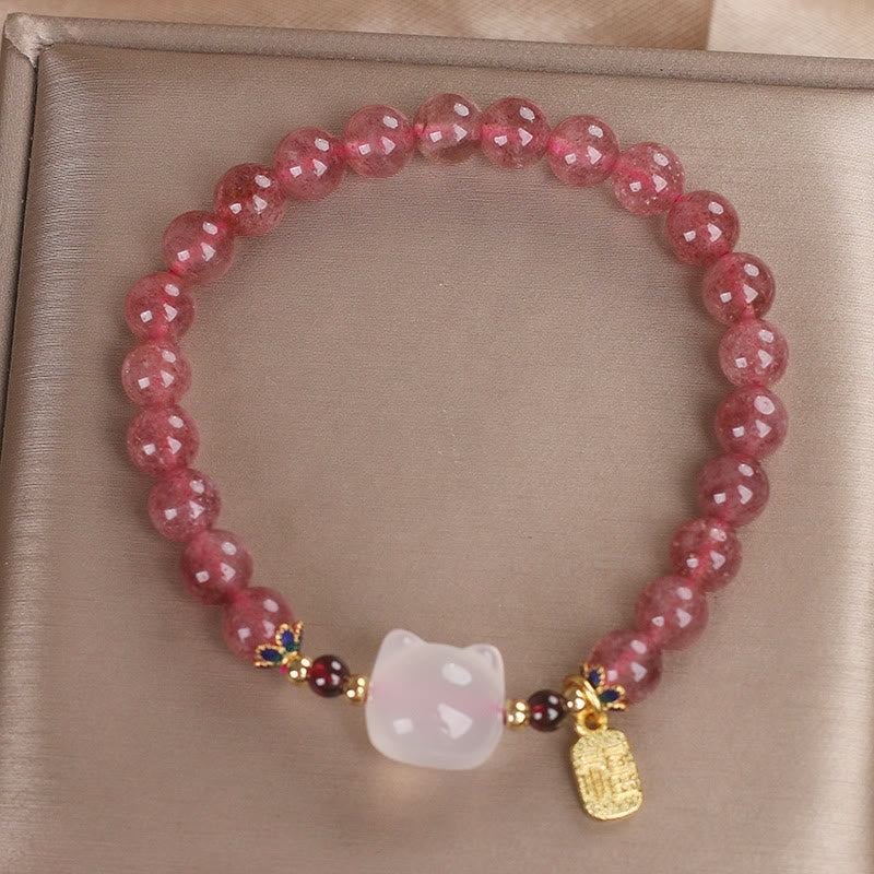 Buddha Stones Strawberry Quartz White Jade Cat Fu Character Healing Bracelet - image 11