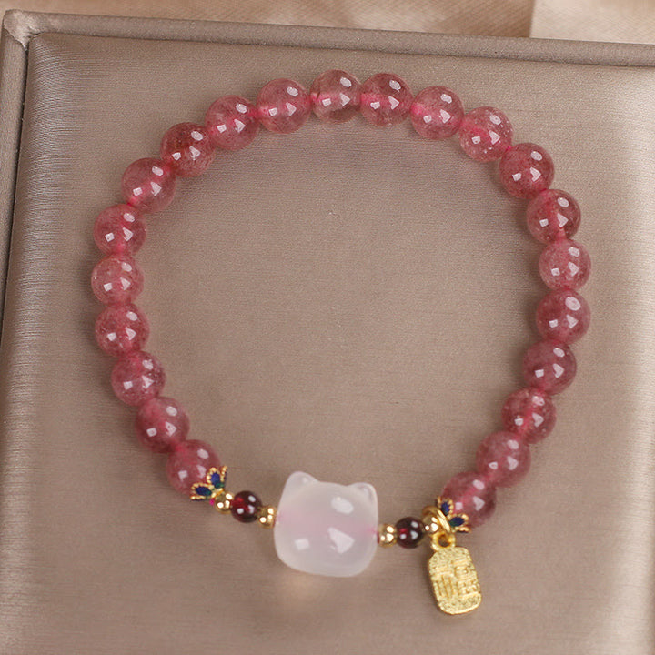 Buddha Stones Strawberry Quartz White Jade Cat Fu Character Healing Bracelet - image 11