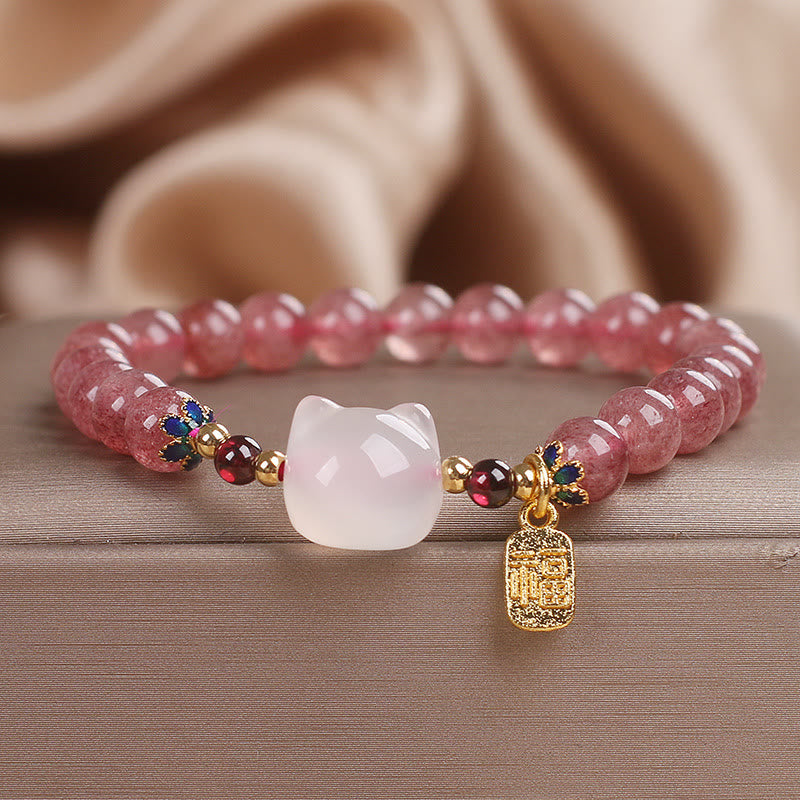 Buddha Stones Strawberry Quartz White Jade Cat Fu Character Healing Bracelet - Strawberry Quartz White Jade(Wrist Circumference: 14-16cm) - image 1