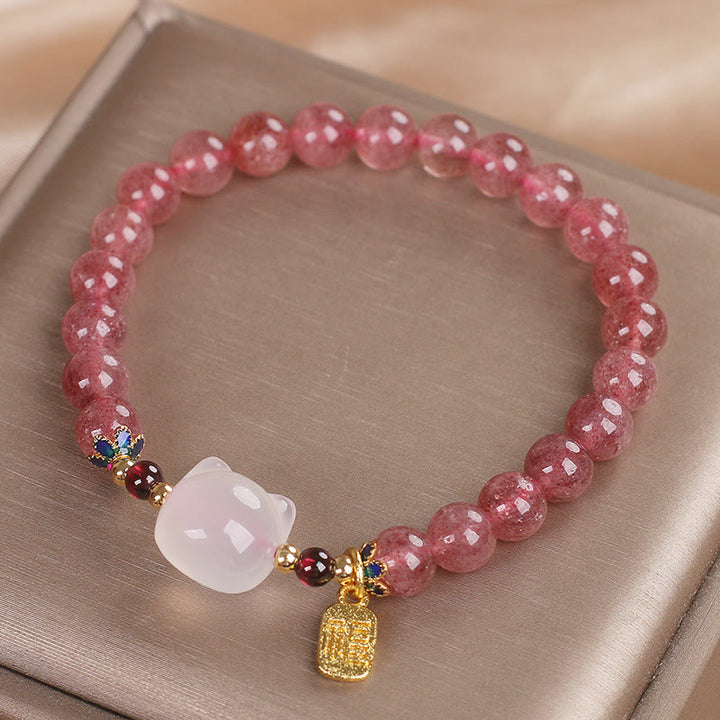 Buddha Stones Strawberry Quartz White Jade Cat Fu Character Healing Bracelet - image 12