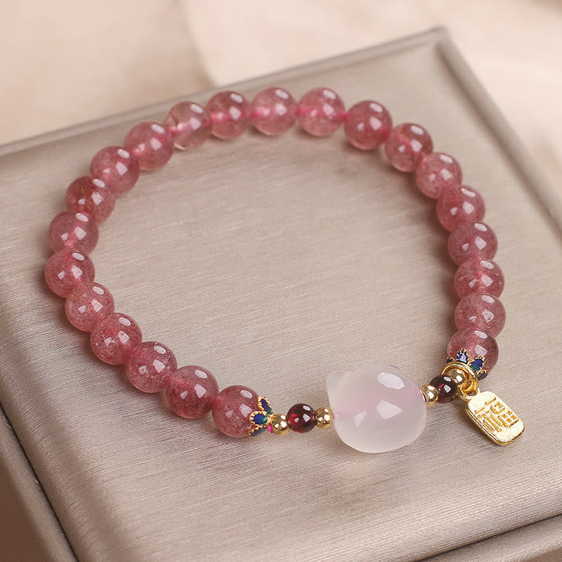 Buddha Stones Strawberry Quartz White Jade Cat Fu Character Healing Bracelet - image 10