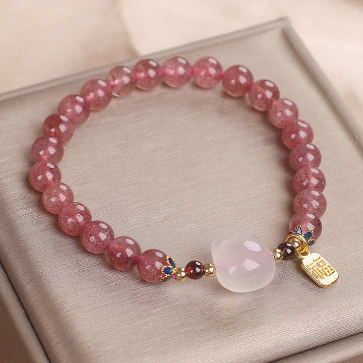 Buddha Stones Strawberry Quartz White Jade Cat Fu Character Healing Bracelet - image 10
