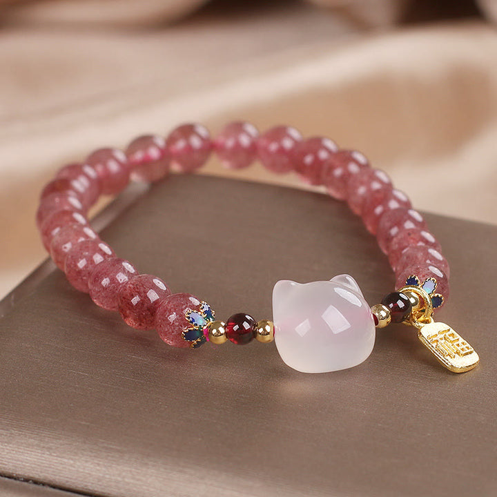 Buddha Stones Strawberry Quartz White Jade Cat Fu Character Healing Bracelet - image 5