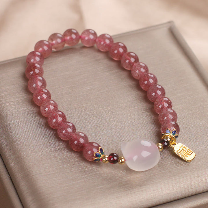 Buddha Stones Strawberry Quartz White Jade Cat Fu Character Healing Bracelet