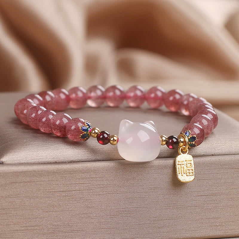 Buddha Stones Strawberry Quartz White Jade Cat Fu Character Healing Bracelet - image 3