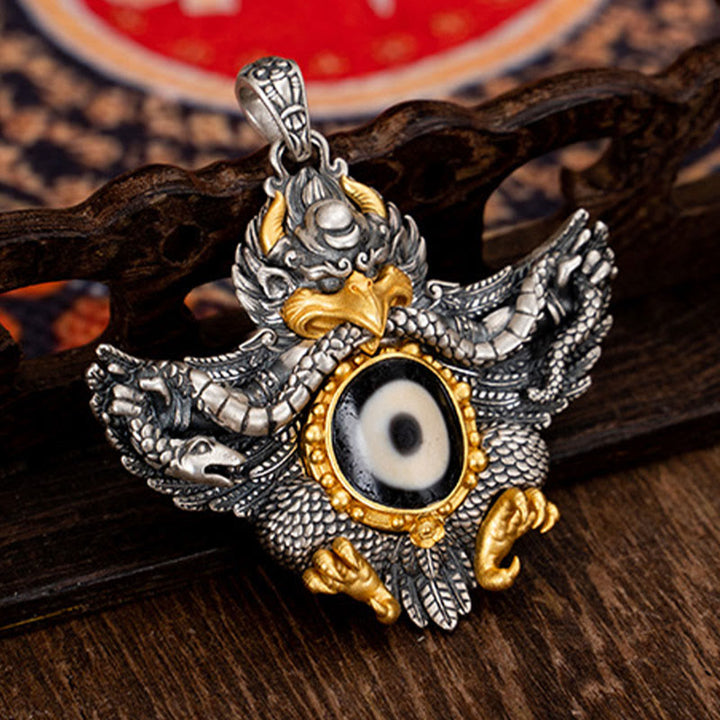 Buddha Stones 925 Sterling Silver Tibet Garuda Bird Dzi Bead Protection Necklace Pendant - image 4