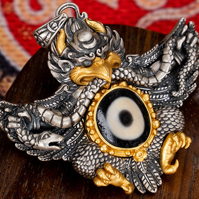 Buddha Stones 925 Sterling Silver Tibet Garuda Bird Dzi Bead Protection Necklace Pendant - image 6
