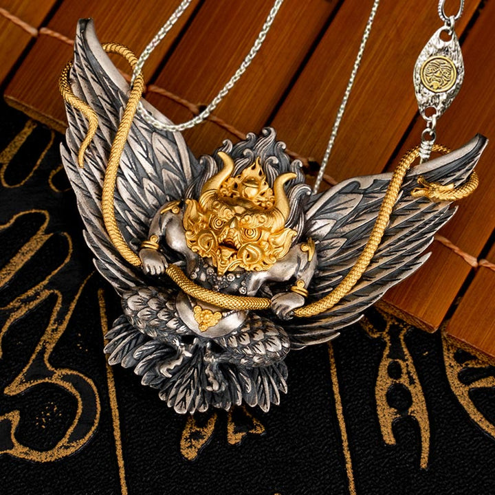 Buddha Stones 925 Sterling Silver Tibetan Garuda Bird Dragon Snake Wisdom Necklace Pendant - Garuda&50cm Zakiram Copper Chain - image 16