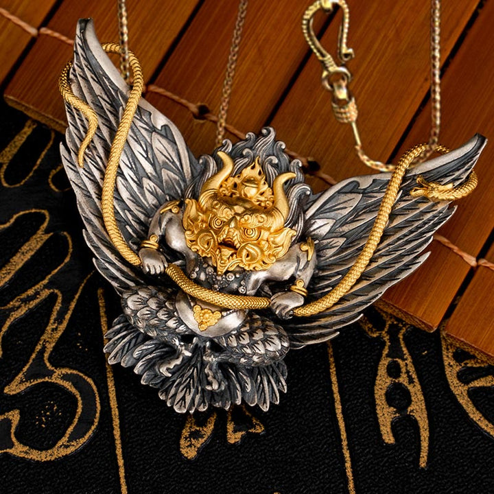 Buddha Stones 925 Sterling Silver Tibetan Garuda Bird Dragon Snake Wisdom Necklace Pendant - Garuda&58cm Golden Copper Chain - image 11