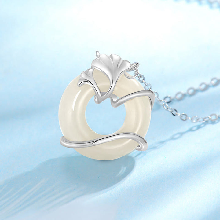Buddha Stones Hetian Jade 925 Sterling Silver Peace Buckle Ginkgo Leaf Necklace Pendant - image 10
