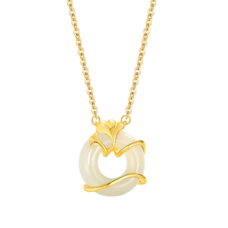 Buddha Stones Hetian Jade 925 Sterling Silver Peace Buckle Ginkgo Leaf Necklace Pendant - image 4