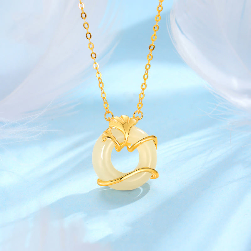 Buddha Stones Hetian Jade 925 Sterling Silver Peace Buckle Ginkgo Leaf Necklace Pendant - Golden 925 Sterling Silver Hetian Jade - image 0