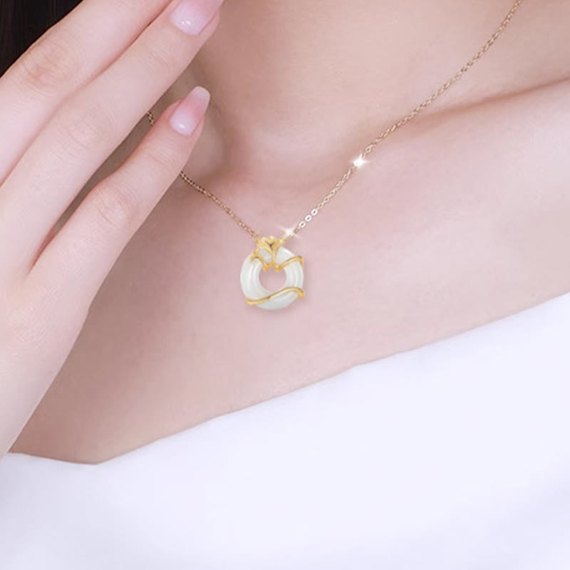 Buddha Stones Hetian Jade 925 Sterling Silver Peace Buckle Ginkgo Leaf Necklace Pendant - image 3